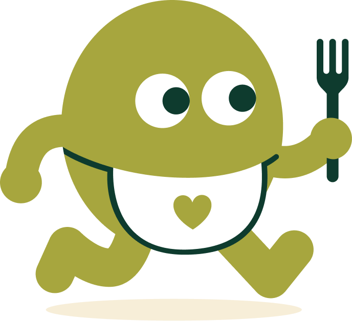 Pip the mascot holding a fork, ready for snacks