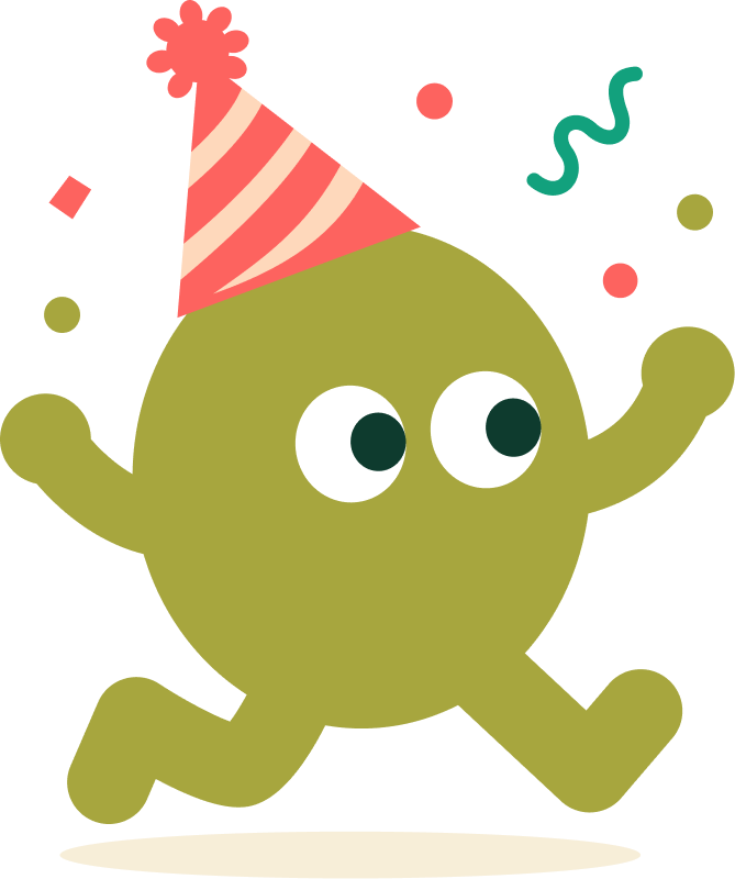 Pip the mascot in a party hat with confetti
