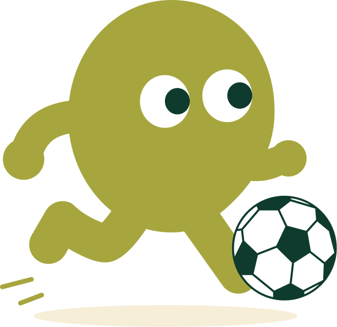 Pip the mascot in soccer gear with a team roster