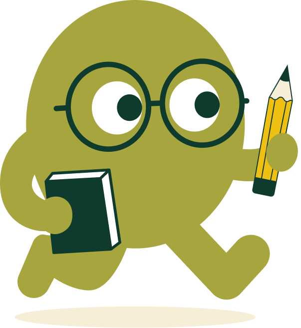 Pip the mascot with glasses, a book and a pencil